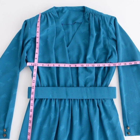 Vintage Teal Midi  Dress with Shoulder Pads & Belt - Picture 6 of 14